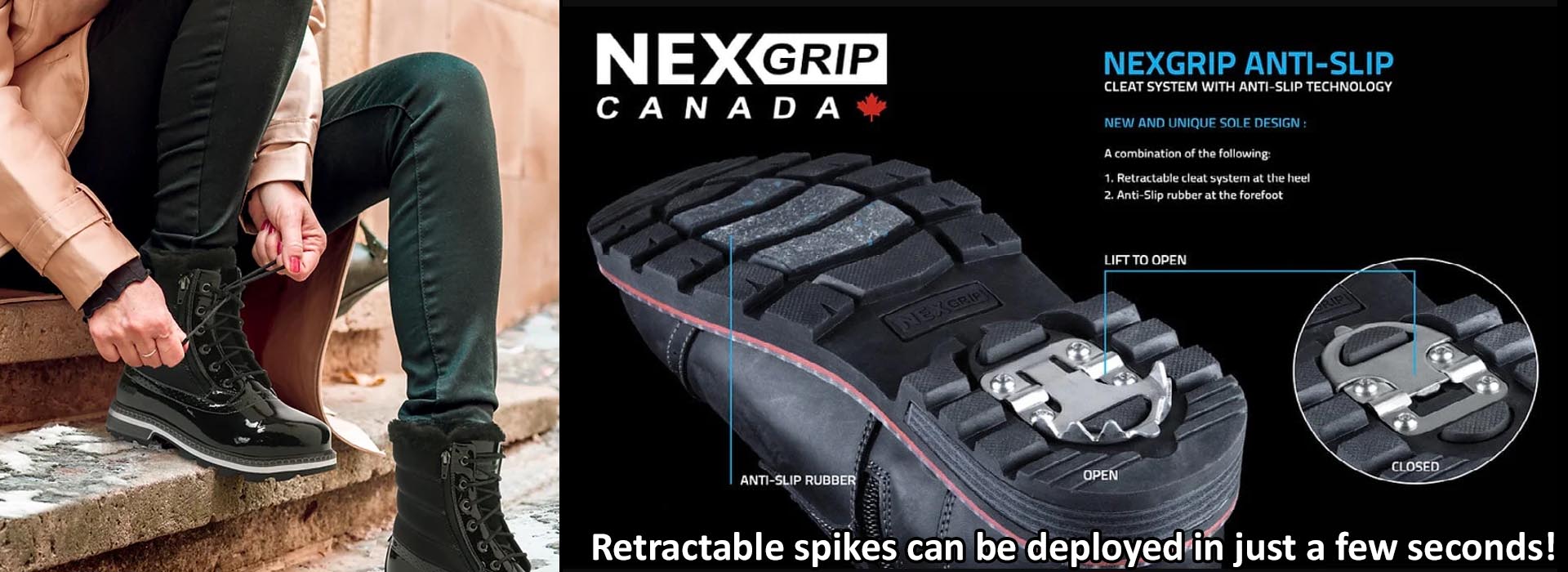 Nexgrip Canada - Winter Boots - Retractable spikes can be deployed in just a few seconds!