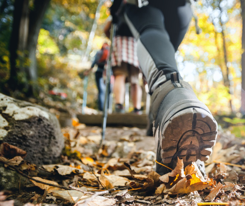 Shop Hiking. Image description: a close up of the heel of a dark hiking boot worn by a person with black and grey leggings. They are using hiking poles and accompanied by other people ahead of them on the trail in various autumnal clothing. The trail shows crunchy brown leaves below their feet.