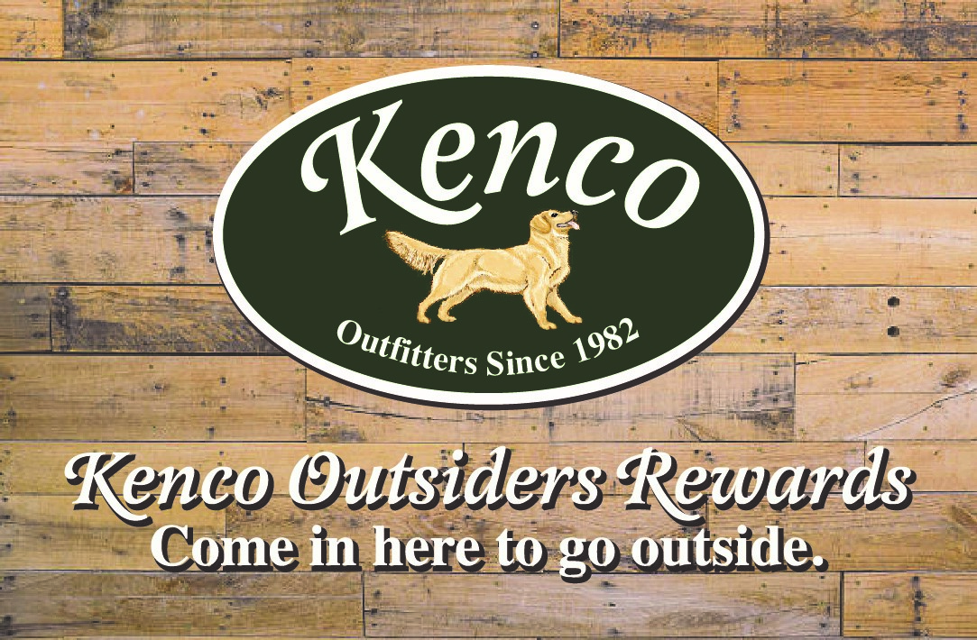 A background of rustic, weathered, and reclaimed wood. Centered is a dark green oval with an alert golden retreiver that reads Kenco, Outfitters since 1982. White text below the logo reads Kenco Outsiders Rewards. Come in here to go outside.